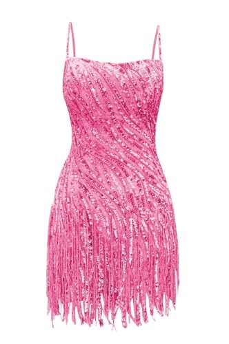 Sparkly Sequin Homecoming Dresses Spaghetti Straps Tight Short Cocktail Party Dress with Tassels for Teens