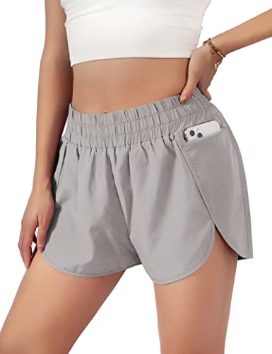 Blooming Jelly Womens Quick-Dry Running Shorts Sport Layer Elastic Waist Active Workout Shorts with Pockets 1.75  (Medium, Grey)