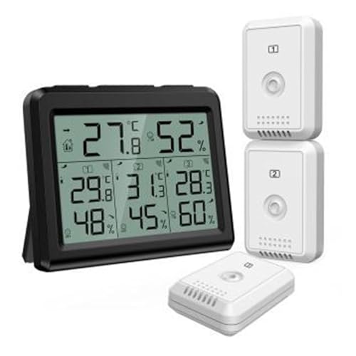 湿度計 温度計 デジタル LCD 温度計 屋内 屋外 ワイヤレスセンサー 温度湿度モニター リモコン(Black)