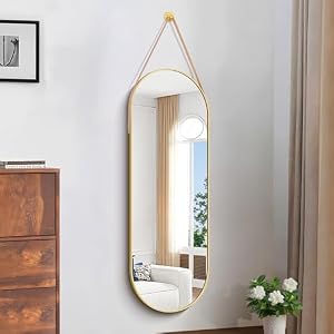 KOCUUY Oval Full Length Mirror with Hanging Leather Strap, 16″x48″ Gold Metal Frame Hanging Mirror, Full Body Dressing Mirror Wall Door Mirror for Bathroom Vanity Living Room Bedroom Entryway