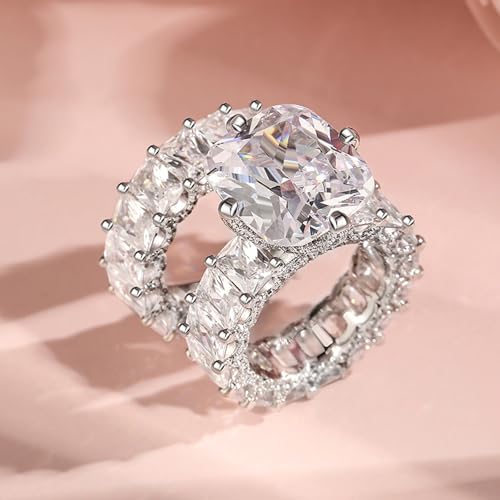 Jeulia Cushion Cut Three Sided Pave Sterling Silver Eternity Ring Cubic Zirconia Art Deco Halo Wedding Engagement Anniversary Rings Set3