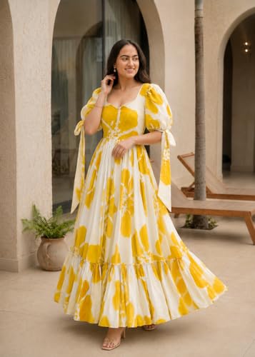 Image of Modestouze Attires Women's Floral Pattern Rayon Blend Maxi Dress with Sweetheart Neck Half Puff Sleeve Floor Length and Zipper Closure Type | Maxi Dress for Women Stylish | Dress for Women