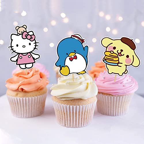 Grusemi 48 Pcs Hello Cartoons Anime Cake Decorations Cupcake Toppers Cupcake Wrappers Set With 24 Pcs Cupcake Toppers, 24 Pcs Cupcake Wrappers For Theme Birthday Party Supplies Favor #TOP5