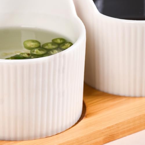 Image of Nestasia Ribbed Ceramic Bowls Set with Wooden Tray 180ml | Food-Safe, Non-Toxic | Ideal for Dips, Snacks, Treats, Dry Fruits, and Desserts