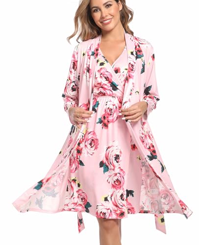 Image of Mommy Robe Set for Maternity with Matching Swaddle Blanket, Delivery Labor Gown Robe for Hospital Women Dress