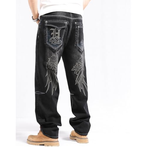 Mens Hip Hop Baggy Jeans Embroidery Wide Leg Skater Denim Pants Loose Long Trousers3