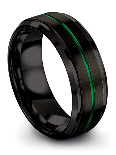 Chroma Color Collection Tungsten Carbide Wedding Band Ring 8mm for Men Women Black Interior with Green Center Line Step Bevel Edge Black Brushed Polished Comfort Fit Anniversary Size 10