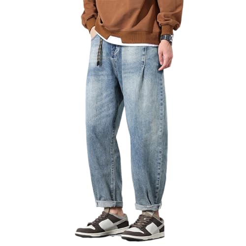 Men Cargo Jeans Vintage Straight Tapered Washed Distressed Little Feet Harem Pants Trousers