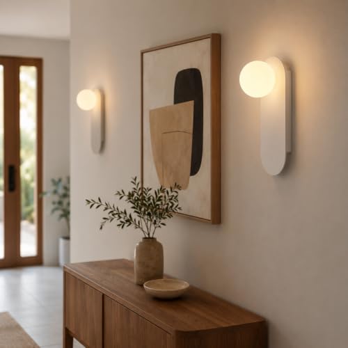 Image of Glass Globe Wall Sconce,White,Suit for Bedroom and Hallway | Ambient Lighting,Milk Glass Sphere Lampshade,Mid Century Modern Style,Hardwired Design,for Stairway and Corridor