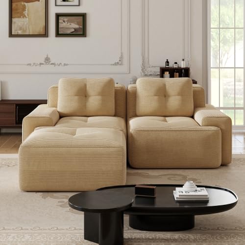 Image of 82 inch L Shaped Modular Boneless Couch with Movable Ottoman, 2 Seat, Soft Corduroy Fabric, Deep Seat Cloud sectional Sofa with Pearl Like Piping and Tufted Design, No Assembly, Anti Slip, Camel