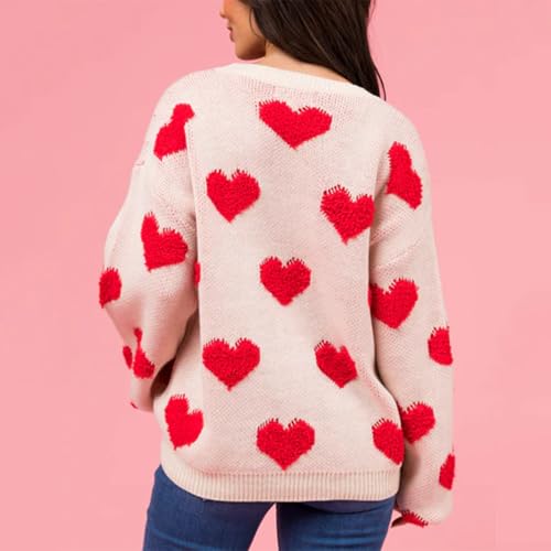 Image of Women's Valentine Love Print Heart Fun Sweater Casual Crewneck Long Sleeve Knit Sweatshirts Pullover Tops