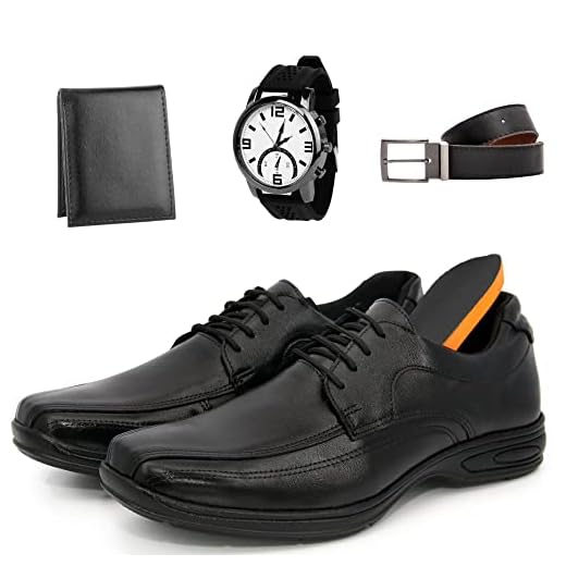 Kit Sapato Social Masculino Couro Legitimo + Palmilha Ortopedica + Relogio + Cinto e Carteira (Preto, br_footwear_size_system, adult, numeric, numeric_42)