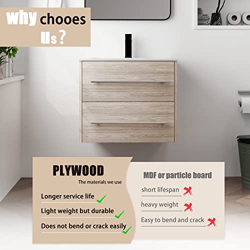 Beingnext 24 Inch Floating Bathroom Vanity With Sink, 24'' Single Sink Wall Mounted Bathroom Vanity, With 2 Drawers And White Resin Basin Sink Top #TOP4