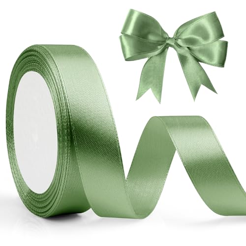 Ruban Vert Sauge 2cm X 23m, Satin Double Face en Polyester Épais pour Cérémonie, Ballon, Bouquet de Mariée, Décoration Anniversaire et Noël