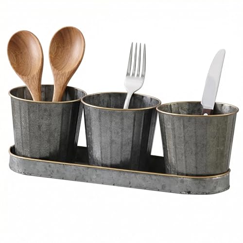 SOFE Rustic Galvanized Utensil Holder, Farmhouse Kitchen Counter Organizer