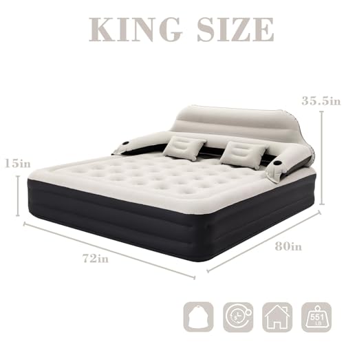 Outraveler King Size Air Mattress with Headboard and Pump, Blow Up Mattress Inflatable Bed - Thumbnail 5