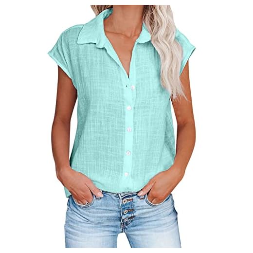 Chemise Femme Coton Et Lin Chemisier Chic et élégant Col en V Bouton Manches Courtes Tops Couleur Unie LâChe Respirant T-Shirts Grande Taille Pas Cher Chemisiers et Blouses Coton Lin Tunique Blouse