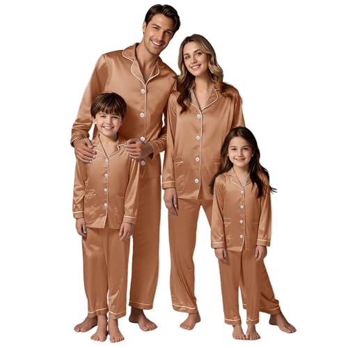 Pijamas de Navidad familiares a juego, pijamas de Navidad a juego para la familia, conjuntos de pijama de manga larga de satén de seda para mujer, conjunto de pijama de Navidad para mujeres, hombres y