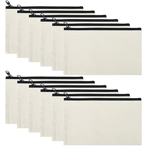 Xinzistar 12 Stück DIY Blanko Stoffbeutel zum Bemalen, Stoff Federmäppchen Segeltuch Kosmetiktasche mit Schwarz Reißverschluss für Erwachsene Kinder für Schule Heim Büro Reisen, 12 * 21CM Cover