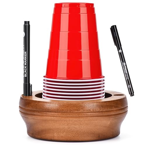 Wooden Cup Holder with Marker Slot - Disposable Plastic Cup Organizer & Dispenser for Hosting Party Essentials Kitchen Bathroom Housewarming Decoration (Walnut Color)