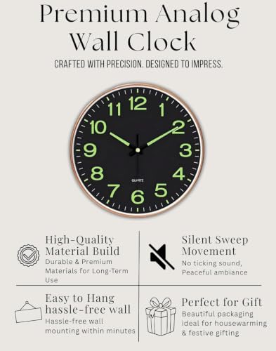 Image of STAR WORK 12 inch Inch Silent Wall Clock - Wood Finish Analog Clock with Gold Numerals, Non-Ticking Quartz Movement, Modern Decorative Wall Clock for Living Room, Bedroom & Office. (R - Black)