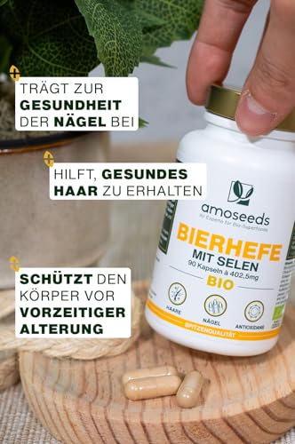 BIO-Bierhefe | Haare und Nägel | Lebendhefe, 1200mg / Tag, Glutenfrei | Angereichert mit Selen | 90 vegane Kapseln | Spitzenqualität