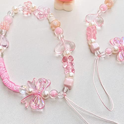 Beaded Lanyards For Women Pink Cartoon Bear Phone Strap Charm Flower Bow Strawberry Love Letters Imitation Pearl Accessory #TOP2