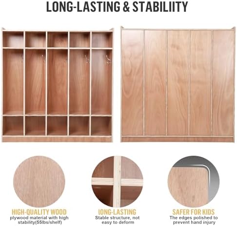 Finished 5-Section Coat Locker with 10 Cubbies, 2 Anti-Tip Kits, 4 Casters & 2 Storage Boxes, Wooden Classroom Storage Organizer for Daycare & Home Use — view 5