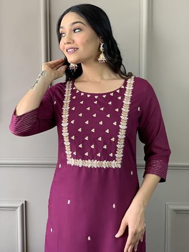 Image of Naixa Women's Viscose Embroidered Straight Kurta with Viscose Pant and Silk Blend Printed Dupatta Sets (NK-430)