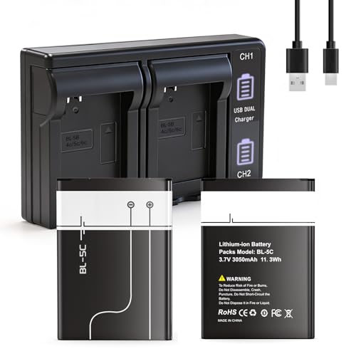 Image of 2026 Upgrade BL-5C Battery Charger Set, 2-Pack 3050mAh High-Capacity 3.7V Rechargeable Replacement Batteries for Nokia Phones, Home Radios, Bluetooth Speakers, Cameras