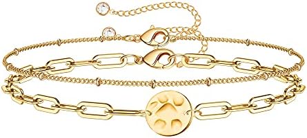 Dainty Gold Bracelets for Women, 14K Gold Plated Adjustable Layered Beads Bracelet Cute Evil Eye Oval Chain Pearl Bar Turtle Gold Bracelets for Women Jewelry