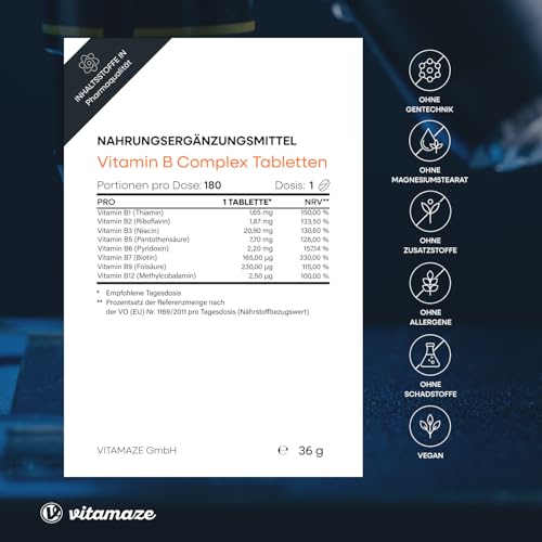 Vitamin B Komplex hochdosiert & vegan, 180 Tabletten für 6 Monate, B1, B2, B3, B5, B6, B7, B9, B12 Vitamine in einer Tablette, Natürliche Nahrungsergänzung ohne Zusatzstoffe, Made in Germany