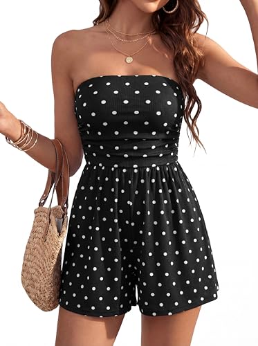 BTFBM Rompers For Women 2026 Summer Strapless Printed Tube Boho Wide Leg Beach Short Jumpsuit Spring Date Night Romper(Polka Dots Black Small)