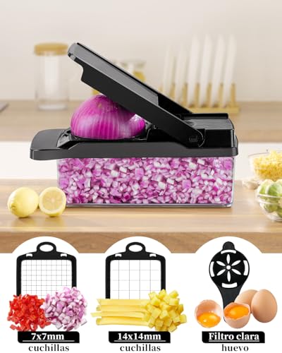 Mandolina cortadora multifuncional,cortador de verduras picadora rallador cuchillas afiladas de acero inoxidable intercambiables,Picador De Verduras para Tomate Cebolla,Negro. - imagen 3