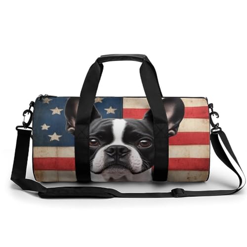 Gym Bag, Women Men American US Flag Boston Terrier Large Capacity Wear-Resistant Duffle Bag for Sports, Travel, Fashion Casual Lightweight Duffel Bags