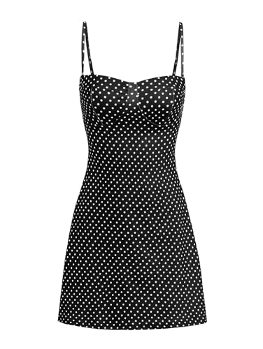 Rosegalette Women's Sexy Y2k Vintage Polka Dot Print Adjustable Spaghetti Strap Cami Mini Fit and Flare Dress,Black,L — view 6