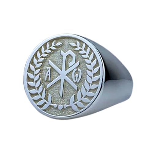 Bague Chi Rho argent contre le ternissement chevalière ronde robuste pour peau sensible