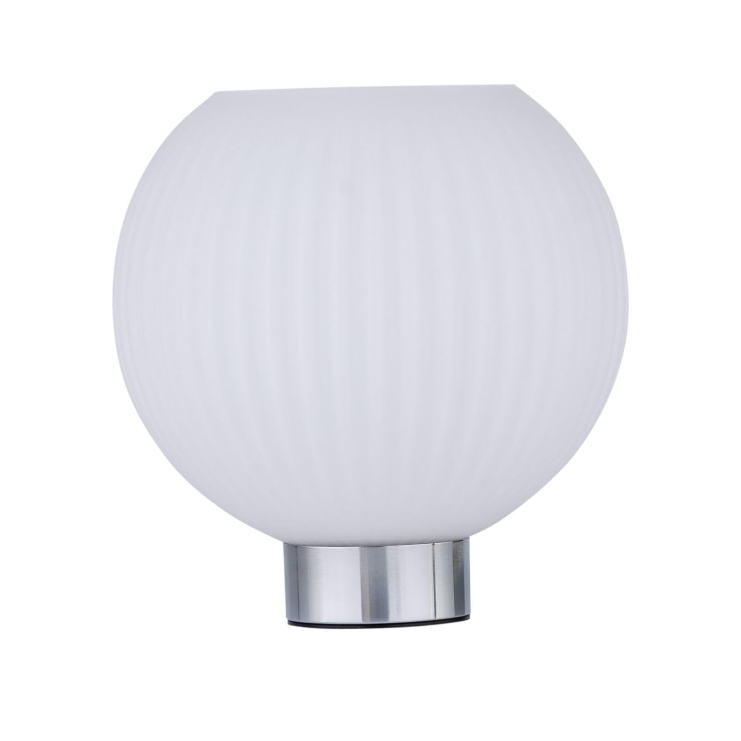 Firstchoicelighting Chrome & White Battery Operated Table Lamp Or Bedside Light, Chrome With White Ribbed Glass, 2W S14 Bulb Included, 22Cm Height