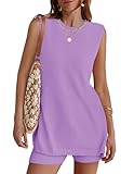 NENONA Womens Two Piece Outfits Summer Crew Neck Sleeveless Knit Sweater Tank Tops and Shorts Sets,Purple,S