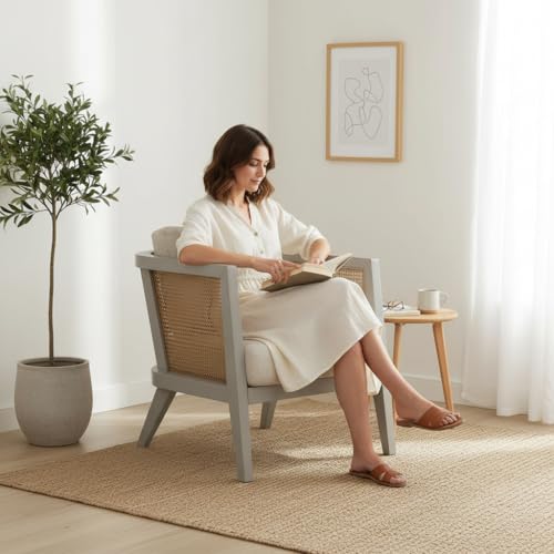 Image of APRODZ Solid Wood Accent Chair for Living Room Mid Century Modern Wooden Upholstered Armchair with Cushion Lounge Chair Cane Back Wooden Frame for Living Room Bedroom Office Seating (Light Grey)