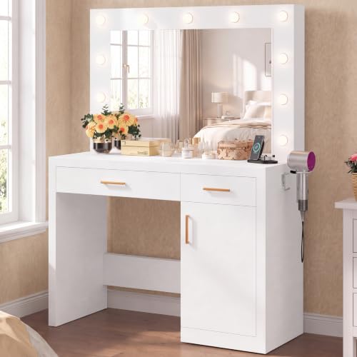 Image of Sweetcrispy 35 inch Large Vanity Desk with 11 LED Bulbs Mirror & Power Outlet