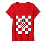 Damen Retro Kroatien Fußball Trikot Rot Weiß Ball Reise T-Shirt mit V-Ausschnitt