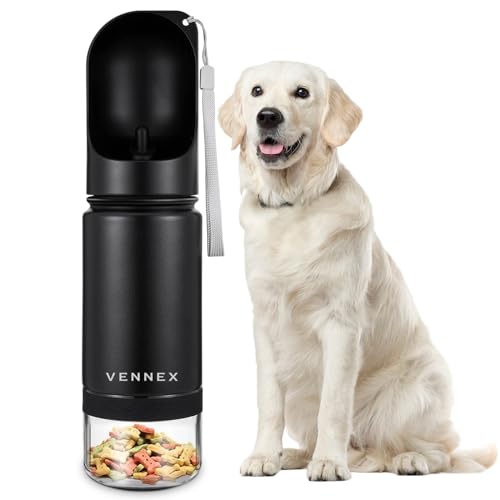 Dog Water Bottle Portable Stainless Steel Leak Proof Wide Mouth BPA Free Water Dispenser for Medium Small Dogs Pups 2 in 1 with Detachable Bowl Traveling Outdoor Walking Hiking Accessories (12OZ).