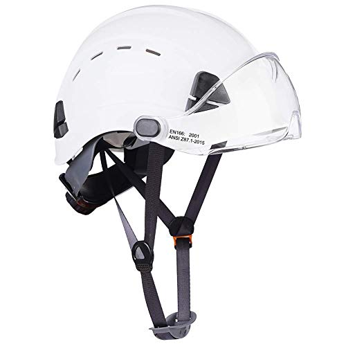 UNINOVA Hard Hats Construction Worker Safety Helmet with Visor CE EN397 Approved For Men Women Adult Vented Hardhat Arborist Rescue Climbing Tree Work (U1 White+Clear Visor)