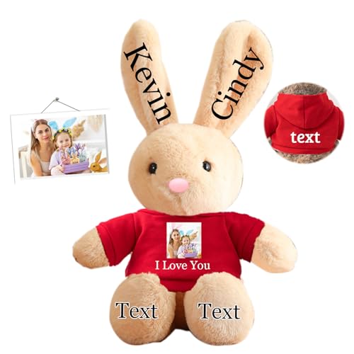 DRAJOIN Peluche Lapin Personnalisée, Lapin en Peluche Personnalisé avec Photo et Nom, Cadeau de Pâques pour Filles, Garçons, Enfants et Adultes, 35 cm