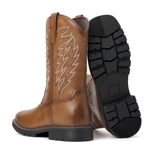 Image of Julyrose Men's Cowboy Boots - Western Boots Square Toe,Slip Resistant,Retro Embroidered Design,Slip on Chunky Heel Country Boot