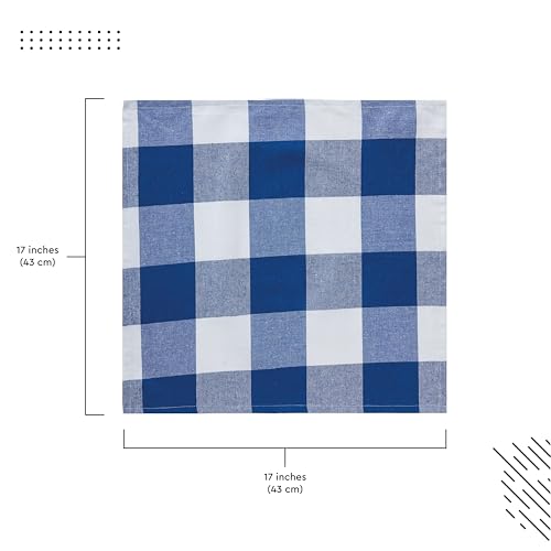 Image of Encasa XO Dining Table Napkins Set of 12, 43x43 cm | Machine Washable Reusable, Recycled Cotton Cloth Napkin, Soft & Absorbent, Table Decor for Hotels, Farmhouse - White & Buffalo Blue Checks