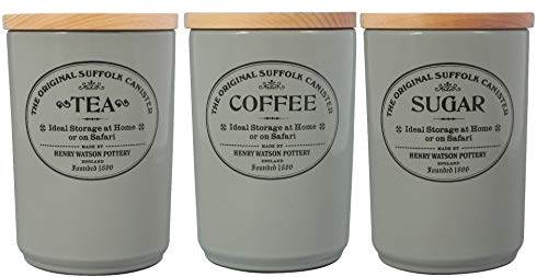 Henry Watson - Airtight Tea Coffee Sugar Canister Set - Dove Grey, Made in England - 11cm x 16cm The Original Suffolk Collection. …