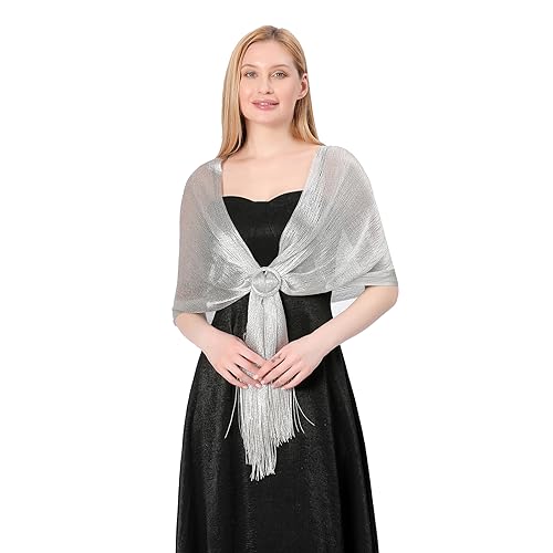 Image of Stoles for Evening Dress with Buckle, Fringes - Polyester Blend, Shimmer Stole Wraps for Weddings, Party | Women's Clothing