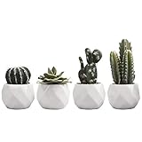 MyGift Mini Assorted Green Faux Succulent and Cactus, Indoor Fake Plants in Geometric Ceramic Pots, Set of 4